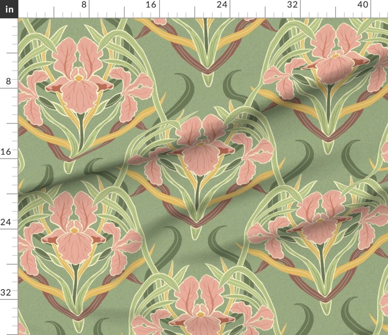 Green Floral Victorian Garden Art Nouveau Large Scale Iris Botanical Arts And Crafts Edwardian Boho Granny Chic Maximalist Custom Printed Fabric by Spoonflower Various Fabrics by the Yard or Fat Quarter